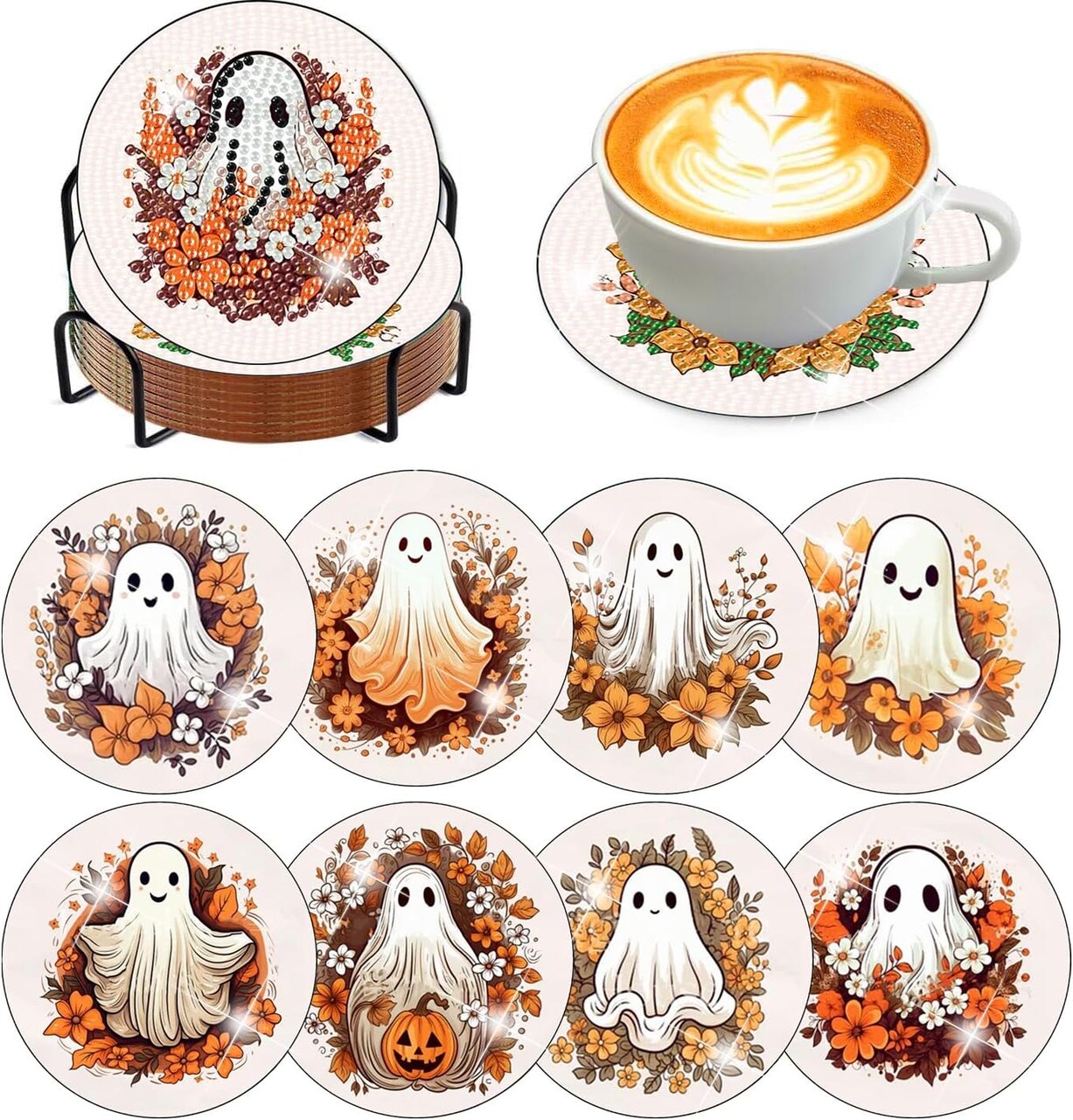 8PCS Halloween Ghost Diamond Art Coasters Kit with Holder & Cork Backing – DIY 4x4in Sparkling Craft Set for Adults & Beginners
